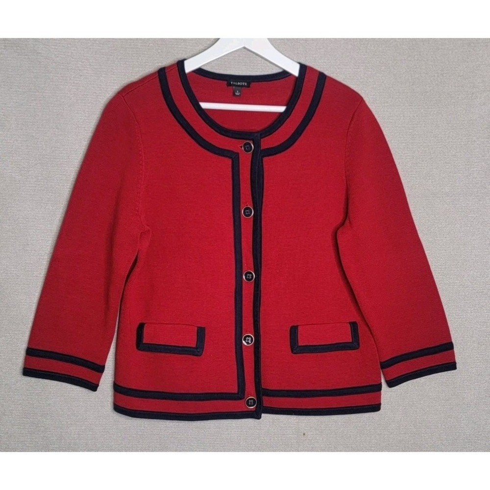 Talbots Sweater Old Money Cardigan NEW Womens Large Preppy Red Navy Blue